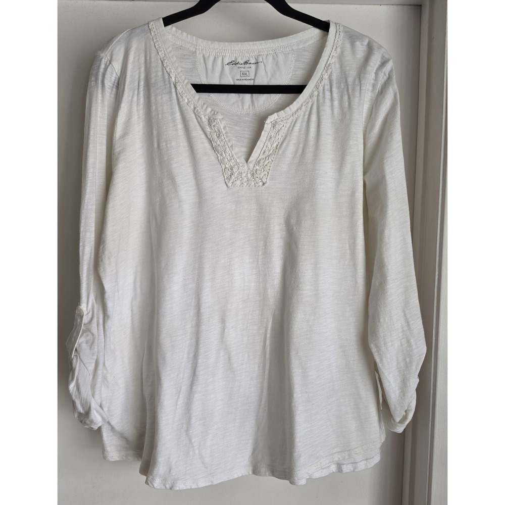 Eddie Bauer Women XXL White Cotton Long Sleeve Split Neck Shirt Top Blouse